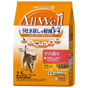 ユニチャーム Unicharm ユニチャーム AllWell 室内猫用 チキン味挽き小魚とささみフリーズドライパウダー入り 2.5kg 500g×5袋