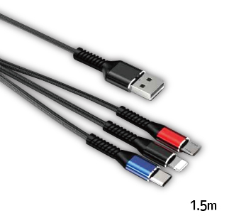 輸入特価アウトレット USB3.1 typeC+microUSB+iPhoneマルチメッシュケーブル 3in1 同時給電 高耐久