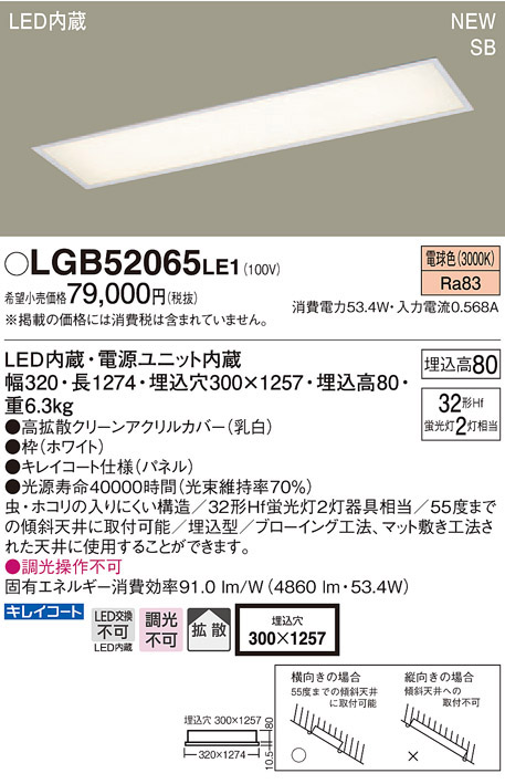 パナソニック panasonic パナソニック LGB52065LE1 LEDベースライト 直管32形 ×2 電球色